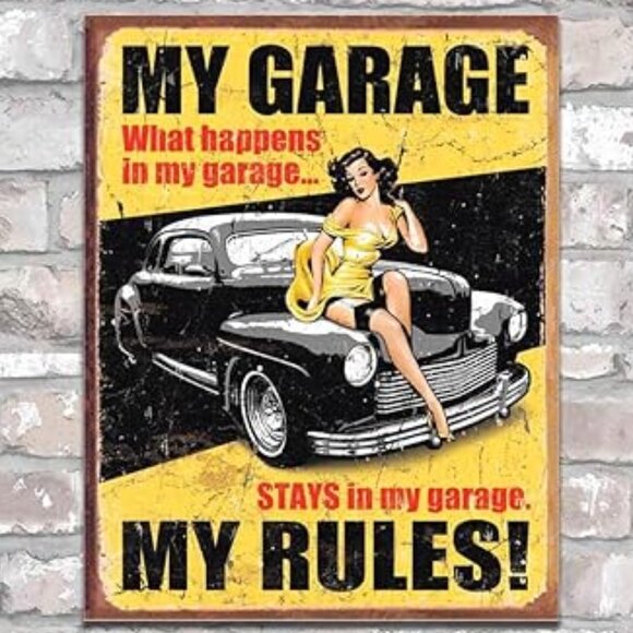GARAGE Sign Metal Tin Picture 16x12 Auto Pin Up Gal Home Office Decor Gift - Picture 1 of 5